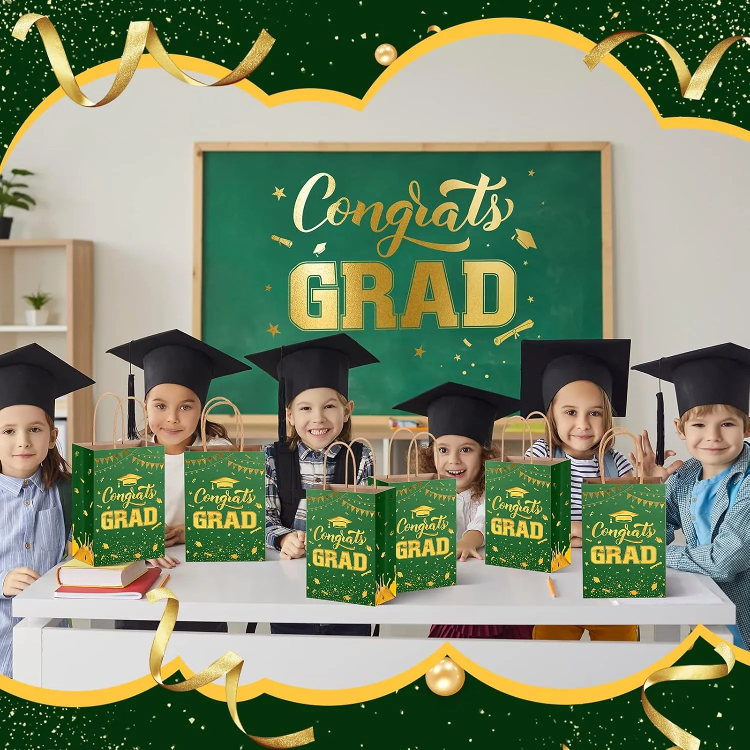 TaoBary 24 Pcs Green Gold 2025 Graduation Gift Bags Congrats Grad Bags Party Favors with Handles Graduation Treat Paper Gifts for Grad Party Supplies, 8 x 6 x 3 Inches