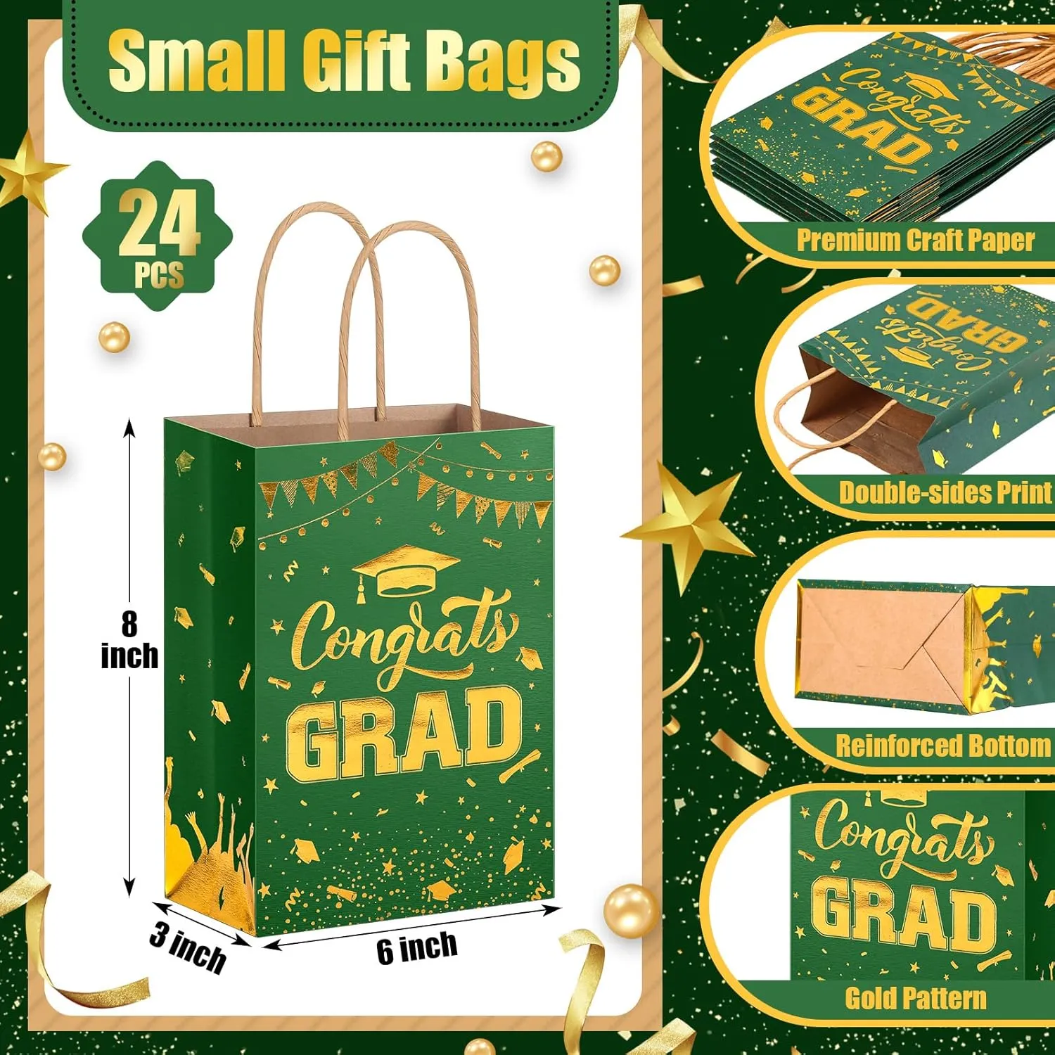 TaoBary 24 Pcs Green Gold 2025 Graduation Gift Bags Congrats Grad Bags Party Favors with Handles Graduation Treat Paper Gifts for Grad Party Supplies, 8 x 6 x 3 Inches