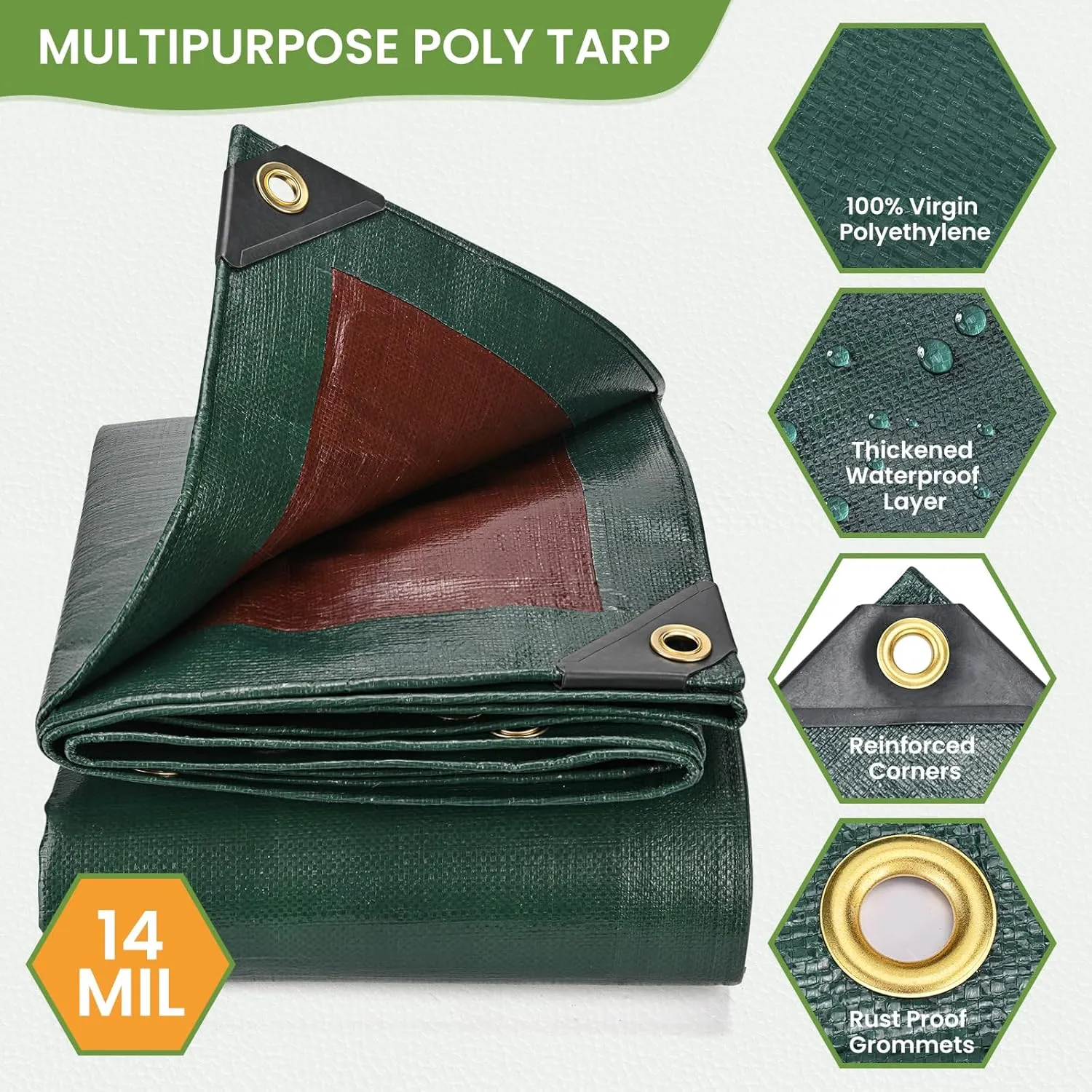 Tarp Waterproof 10' X 20', 14 Mil Heavy Duty Tarps Waterproof Multipurpose Protective Cover Large Tarp UV All Weather Resistant for Shelter Camping, Green/Brown