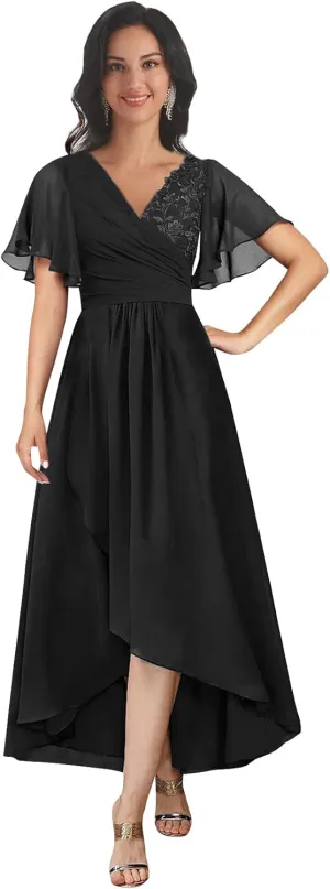 Tea Length Mother of The Bride Dresses for Wedding V Neck Short Sleeves A Line Lace Chiffon Formal Dress