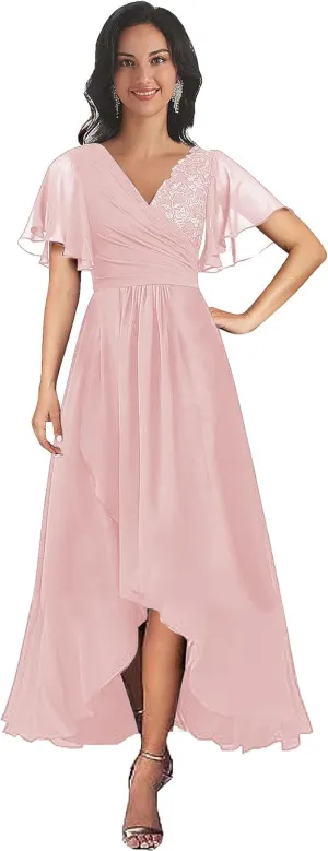 Tea Length Mother of The Bride Dresses for Wedding V Neck Short Sleeves A Line Lace Chiffon Formal Dress