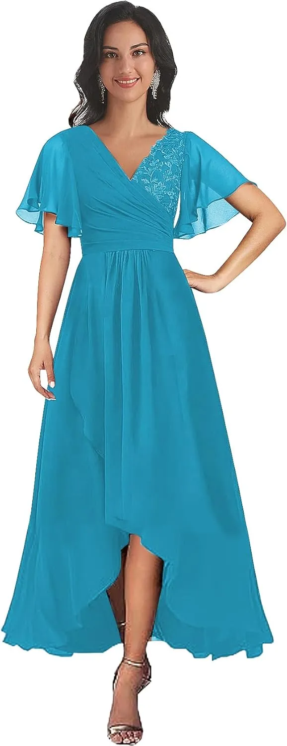 Tea Length Mother of The Bride Dresses for Wedding V Neck Short Sleeves A Line Lace Chiffon Formal Dress
