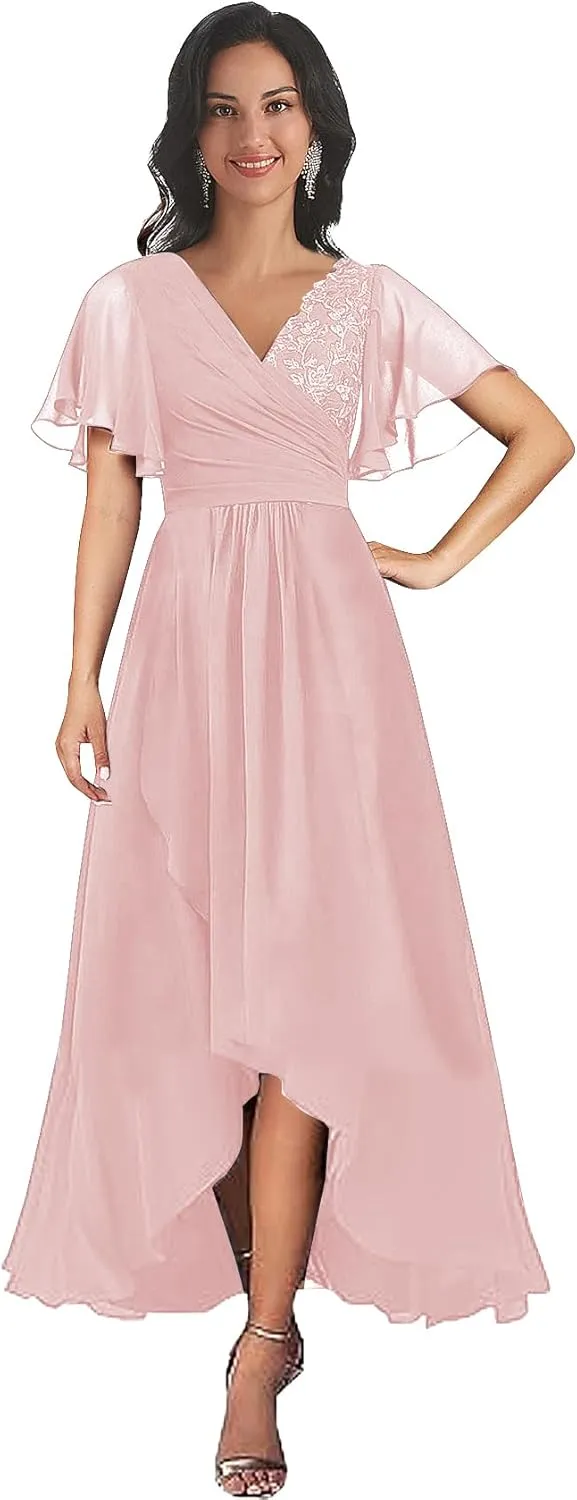 Tea Length Mother of The Bride Dresses for Wedding V Neck Short Sleeves A Line Lace Chiffon Formal Dress