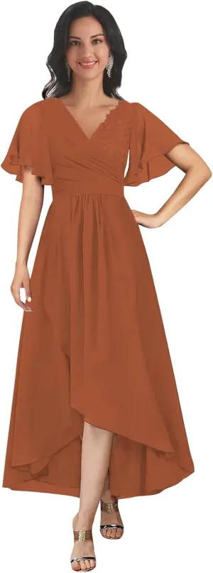 Tea Length Mother of The Bride Dresses for Wedding V Neck Short Sleeves A Line Lace Chiffon Formal Dress