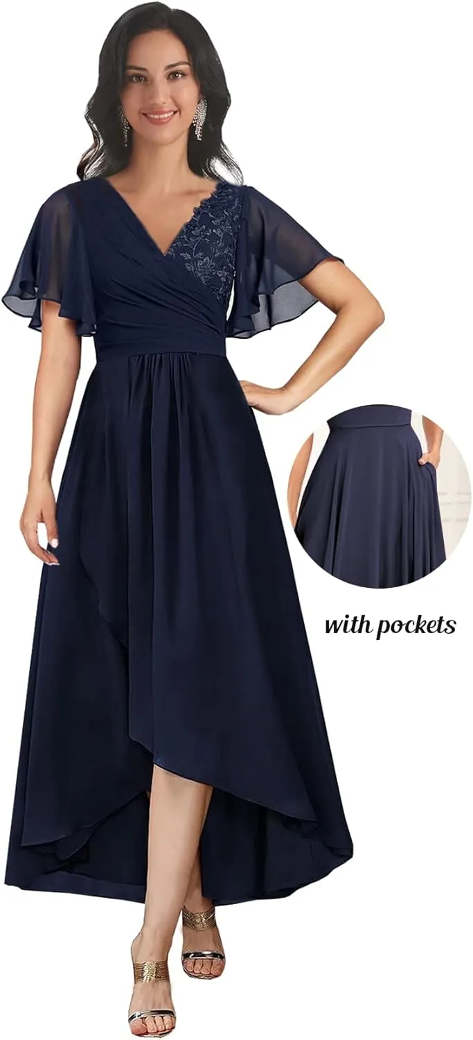 Tea Length Mother of The Bride Dresses for Wedding V Neck Short Sleeves A Line Lace Chiffon Formal Dress