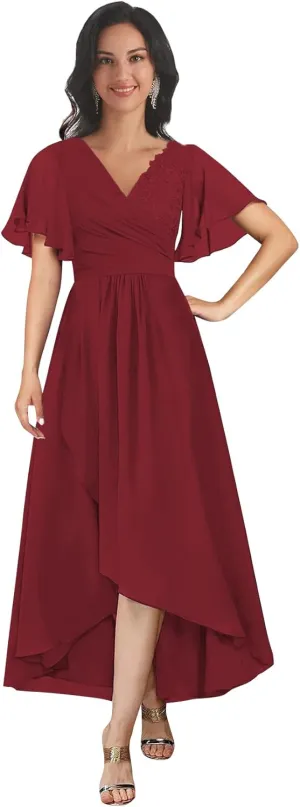 Tea Length Mother of The Bride Dresses for Wedding V Neck Short Sleeves A Line Lace Chiffon Formal Dress