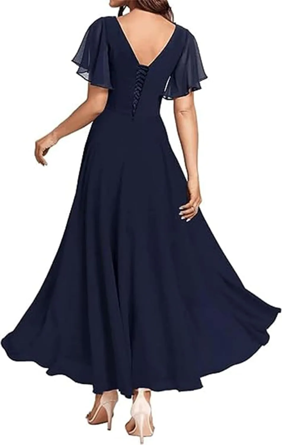 Tea Length Mother of The Bride Dresses for Wedding V Neck Short Sleeves A Line Lace Chiffon Formal Dress