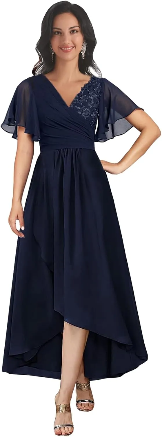 Tea Length Mother of The Bride Dresses for Wedding V Neck Short Sleeves A Line Lace Chiffon Formal Dress