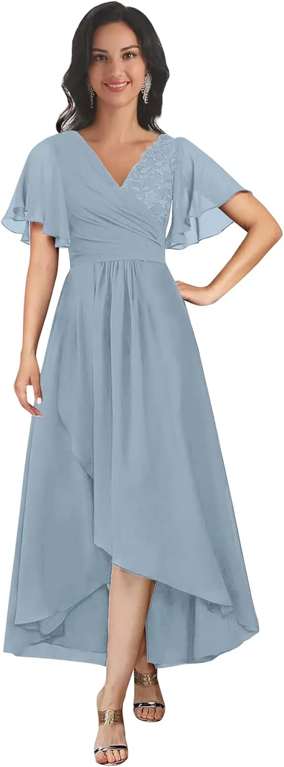 Tea Length Mother of The Bride Dresses for Wedding V Neck Short Sleeves A Line Lace Chiffon Formal Dress
