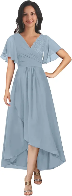 Tea Length Mother of The Bride Dresses for Wedding V Neck Short Sleeves A Line Lace Chiffon Formal Dress