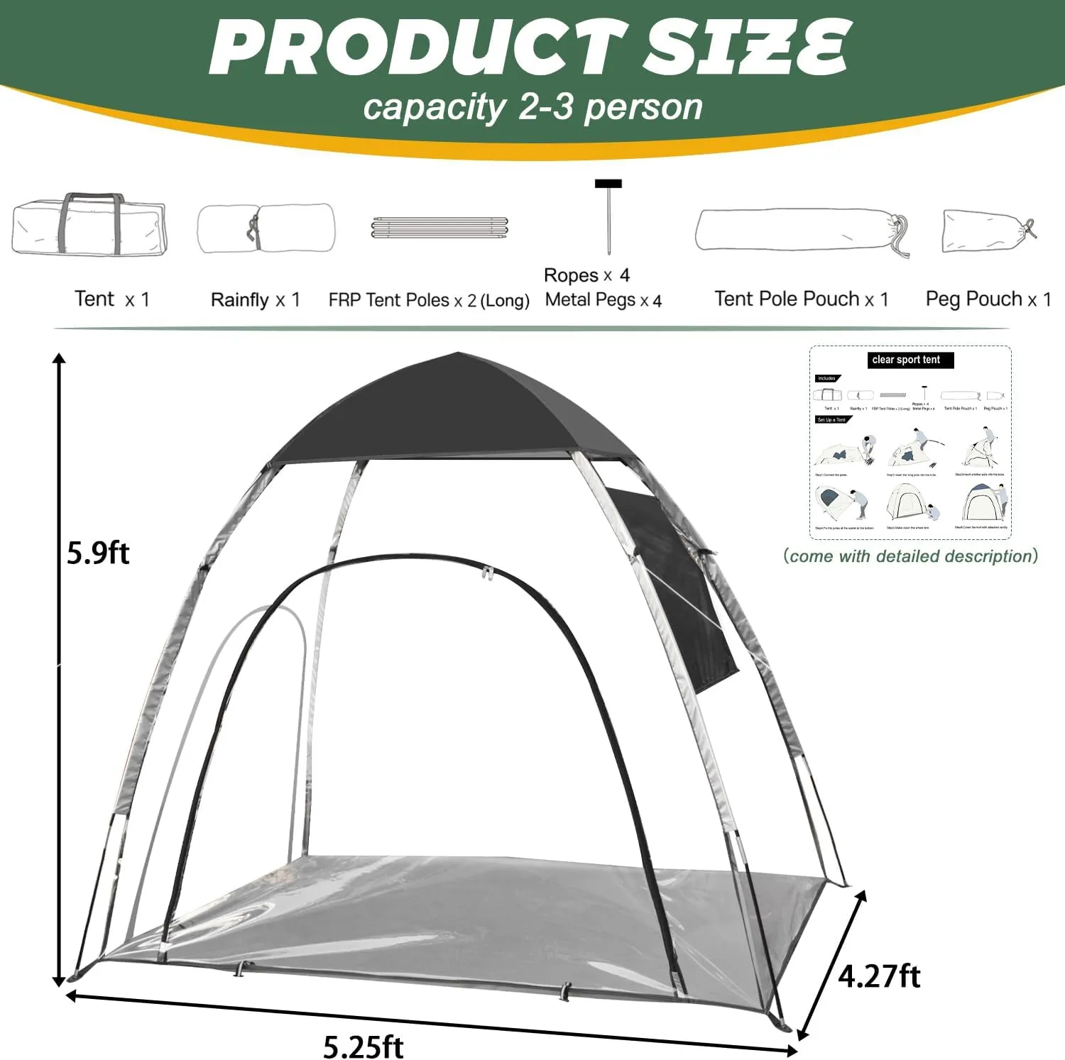 Teabelle Clear Sports Tent - Large 2-3 Person Instant Pop-up Tent with Zipper Window, UV-Proof, Weatherproof for Watching Sports, Camping, Fishing