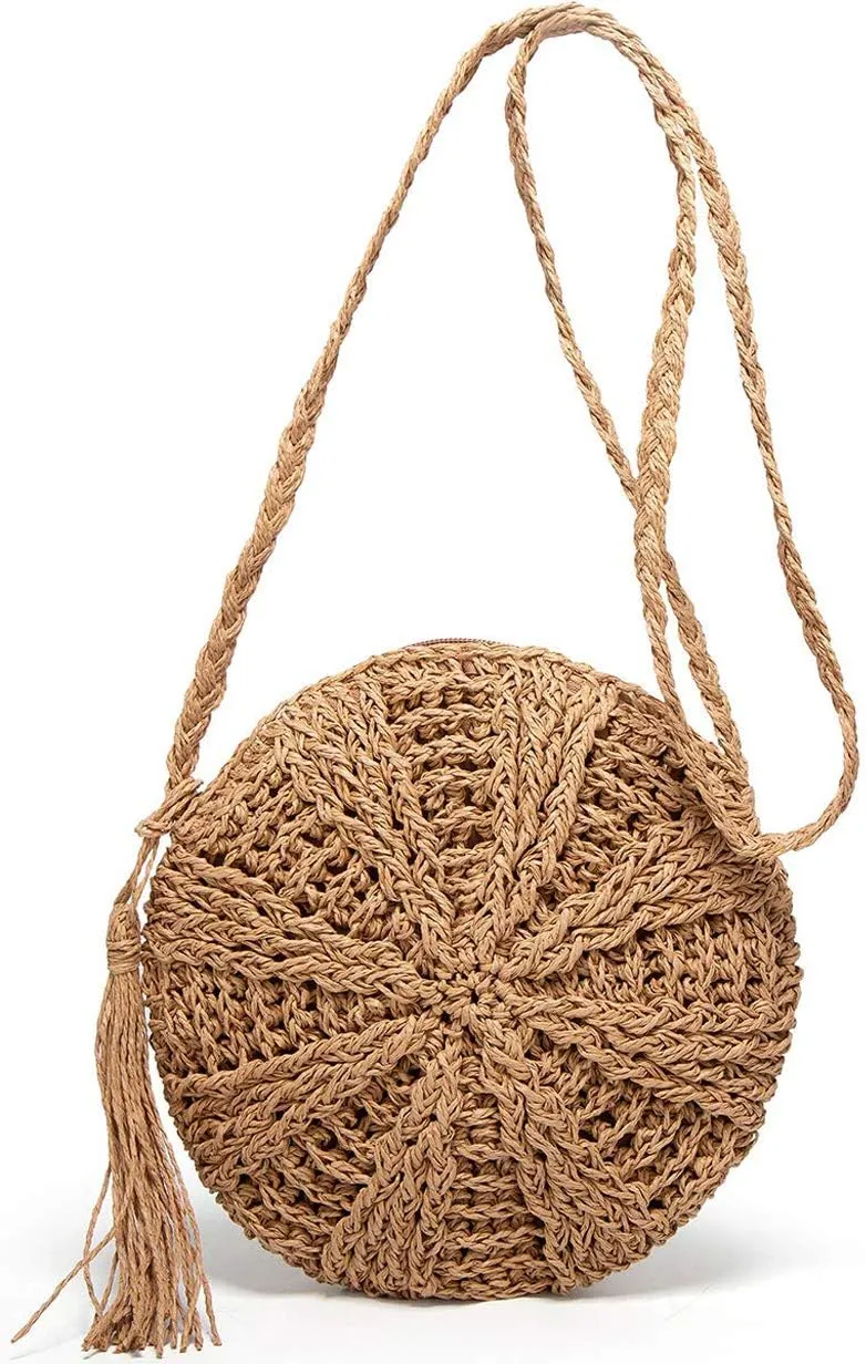 Teeya Straw Crossbody Bag Women Weave Shoulder Bag Round Summer Beach Purse and Handbags