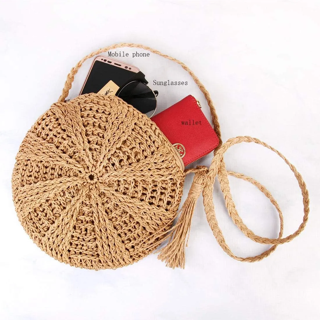Teeya Straw Crossbody Bag Women Weave Shoulder Bag Round Summer Beach Purse and Handbags