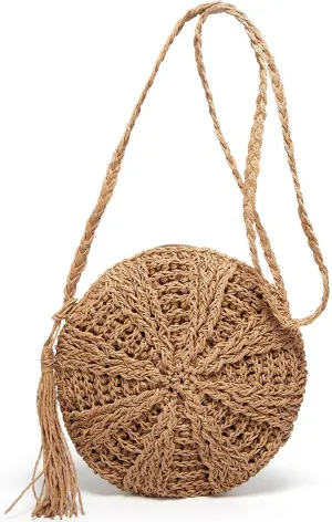 Teeya Straw Crossbody Bag Women Weave Shoulder Bag Round Summer Beach Purse and Handbags
