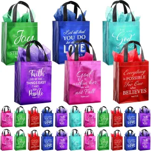 Tellingyou 24 Pieces Christian Religious Gift Bags 8 x 4 x 10 Inch Bible Verse Reusable Gift Bags with Tissues for Baptism Easter Christmas Wedding Birthday