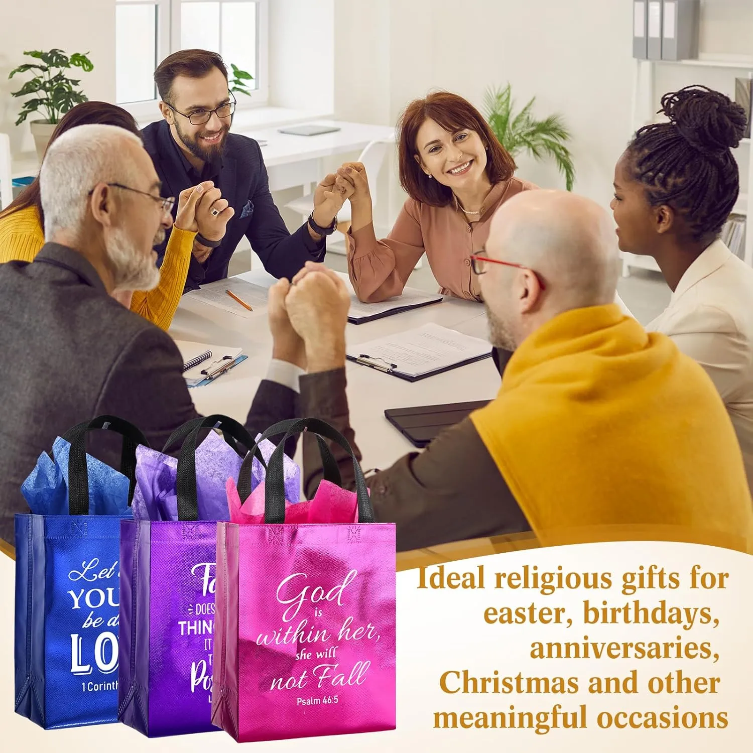 Tellingyou 24 Pieces Christian Religious Gift Bags 8 x 4 x 10 Inch Bible Verse Reusable Gift Bags with Tissues for Baptism Easter Christmas Wedding Birthday