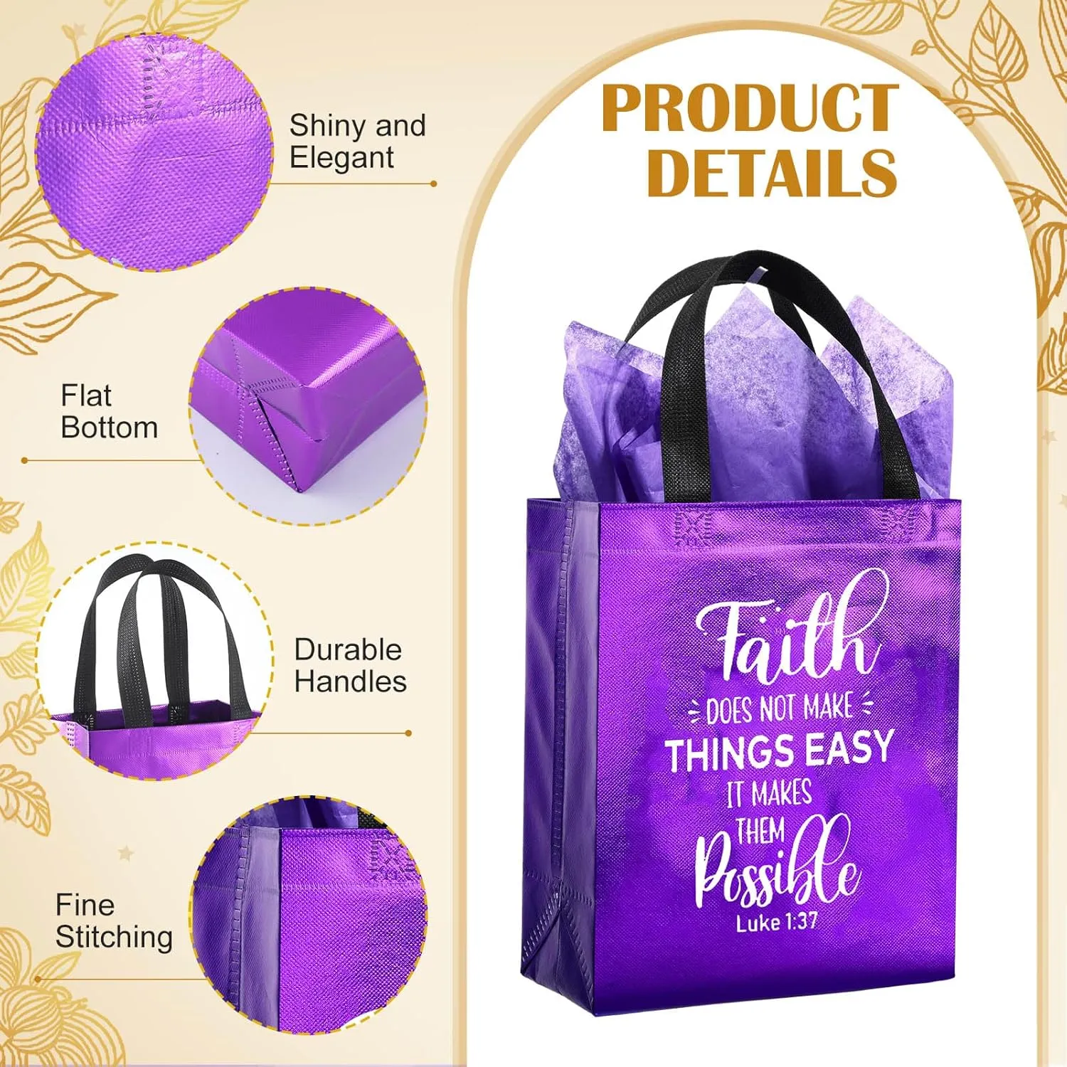 Tellingyou 24 Pieces Christian Religious Gift Bags 8 x 4 x 10 Inch Bible Verse Reusable Gift Bags with Tissues for Baptism Easter Christmas Wedding Birthday