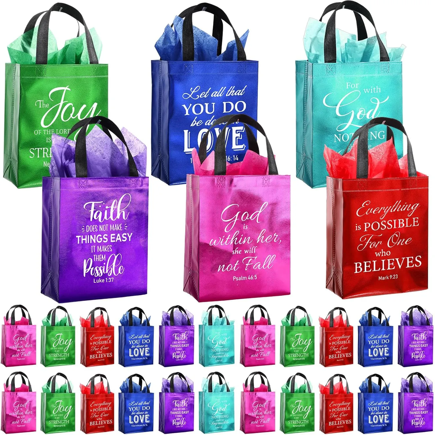 Tellingyou 24 Pieces Christian Religious Gift Bags 8 x 4 x 10 Inch Bible Verse Reusable Gift Bags with Tissues for Baptism Easter Christmas Wedding Birthday