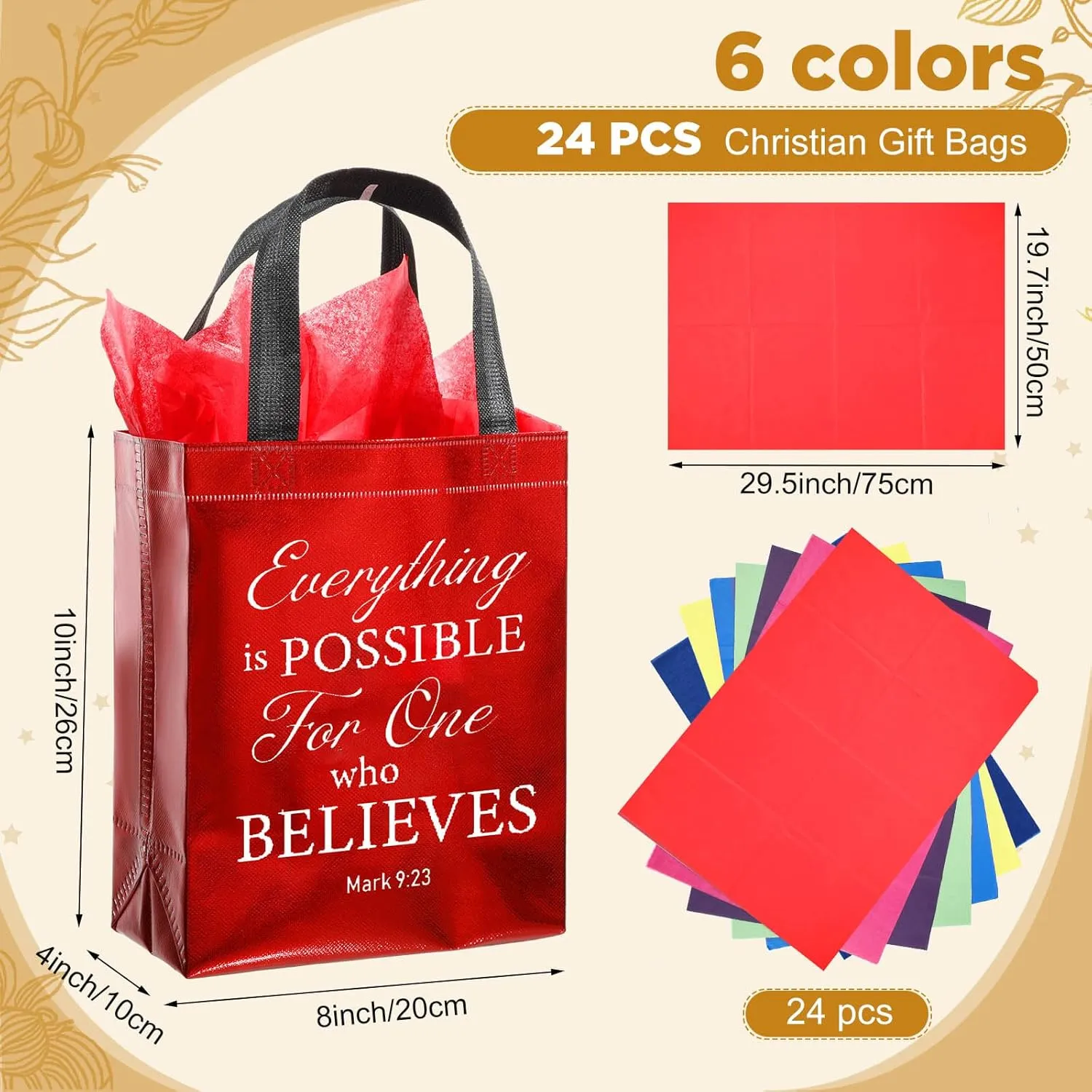 Tellingyou 24 Pieces Christian Religious Gift Bags 8 x 4 x 10 Inch Bible Verse Reusable Gift Bags with Tissues for Baptism Easter Christmas Wedding Birthday