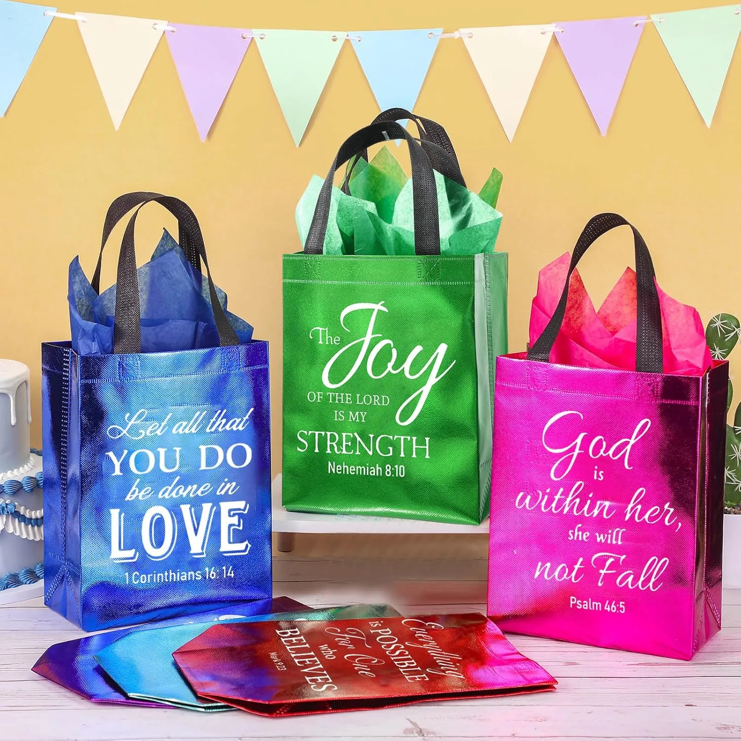 Tellingyou 24 Pieces Christian Religious Gift Bags 8 x 4 x 10 Inch Bible Verse Reusable Gift Bags with Tissues for Baptism Easter Christmas Wedding Birthday