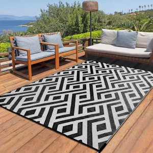 Terrug Outdoor Rug Waterproof 9x12 Ft, Foldable Outdoor Plastic Straw Rug, UV Reversible Patio Rug Decor, Outdoor Area Rug for Camping, RV, Porch, Deck, Backyard, Balcony, Picnic, Black & Light Grey