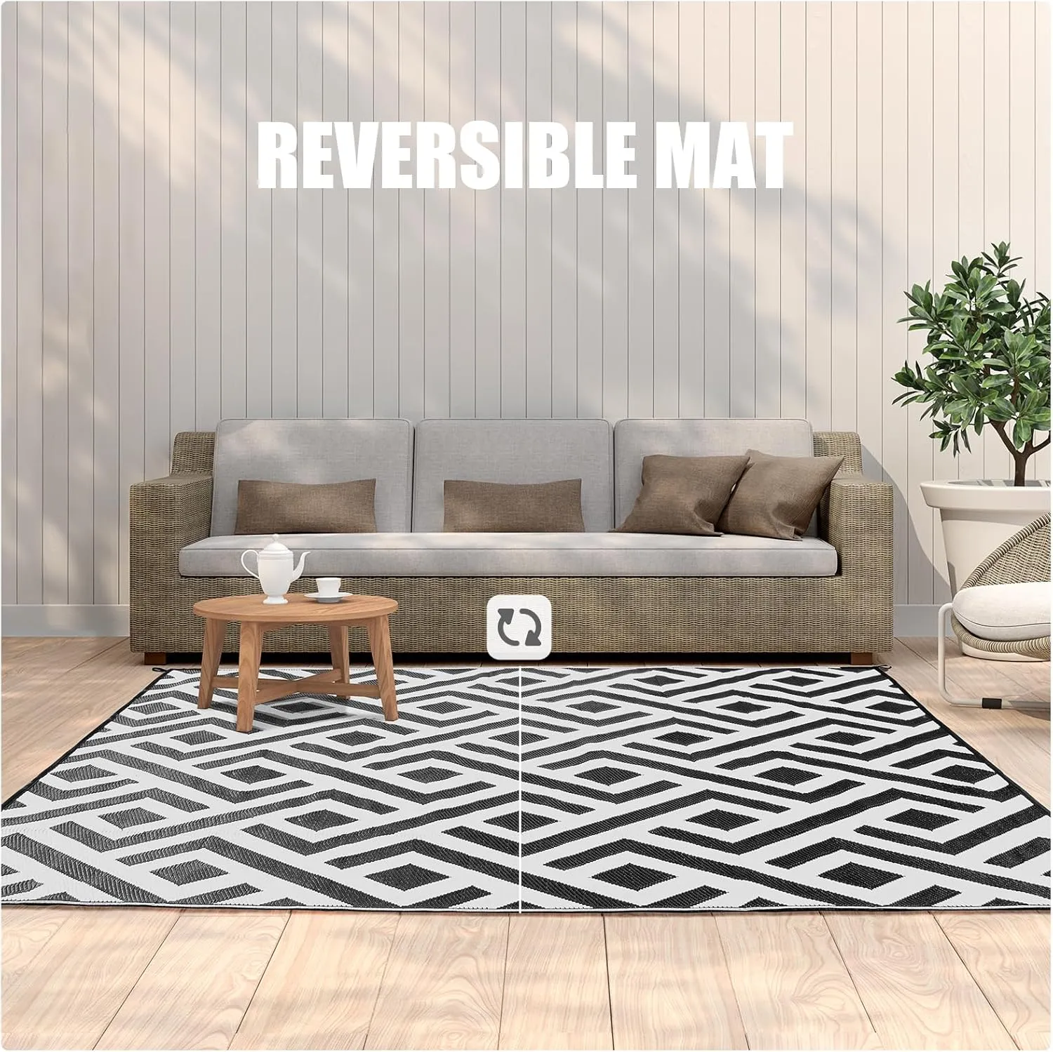 Terrug Outdoor Rug Waterproof 9x12 Ft, Foldable Outdoor Plastic Straw Rug, UV Reversible Patio Rug Decor, Outdoor Area Rug for Camping, RV, Porch, Deck, Backyard, Balcony, Picnic, Black & Light Grey