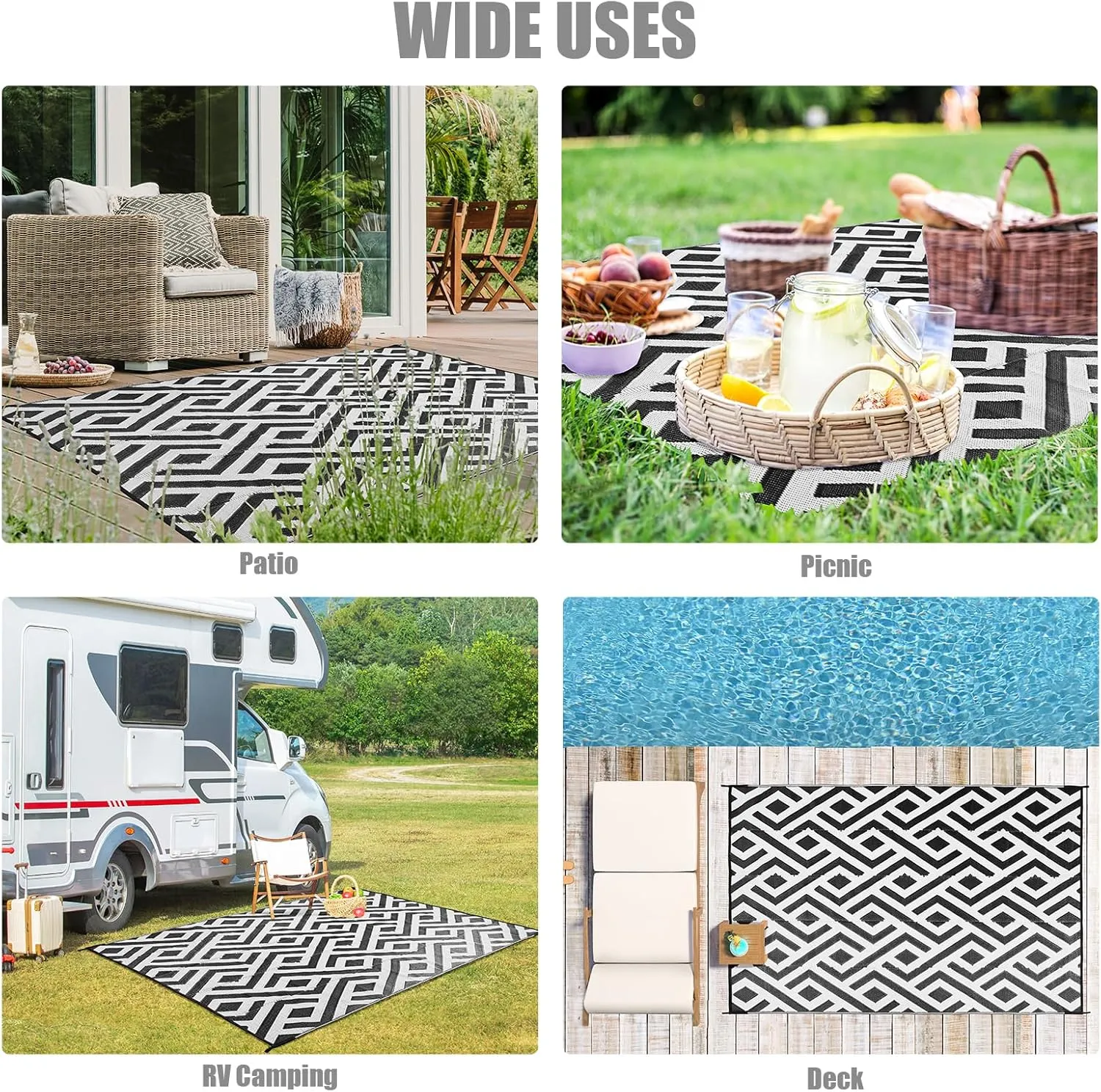 Terrug Outdoor Rug Waterproof 9x12 Ft, Foldable Outdoor Plastic Straw Rug, UV Reversible Patio Rug Decor, Outdoor Area Rug for Camping, RV, Porch, Deck, Backyard, Balcony, Picnic, Black & Light Grey