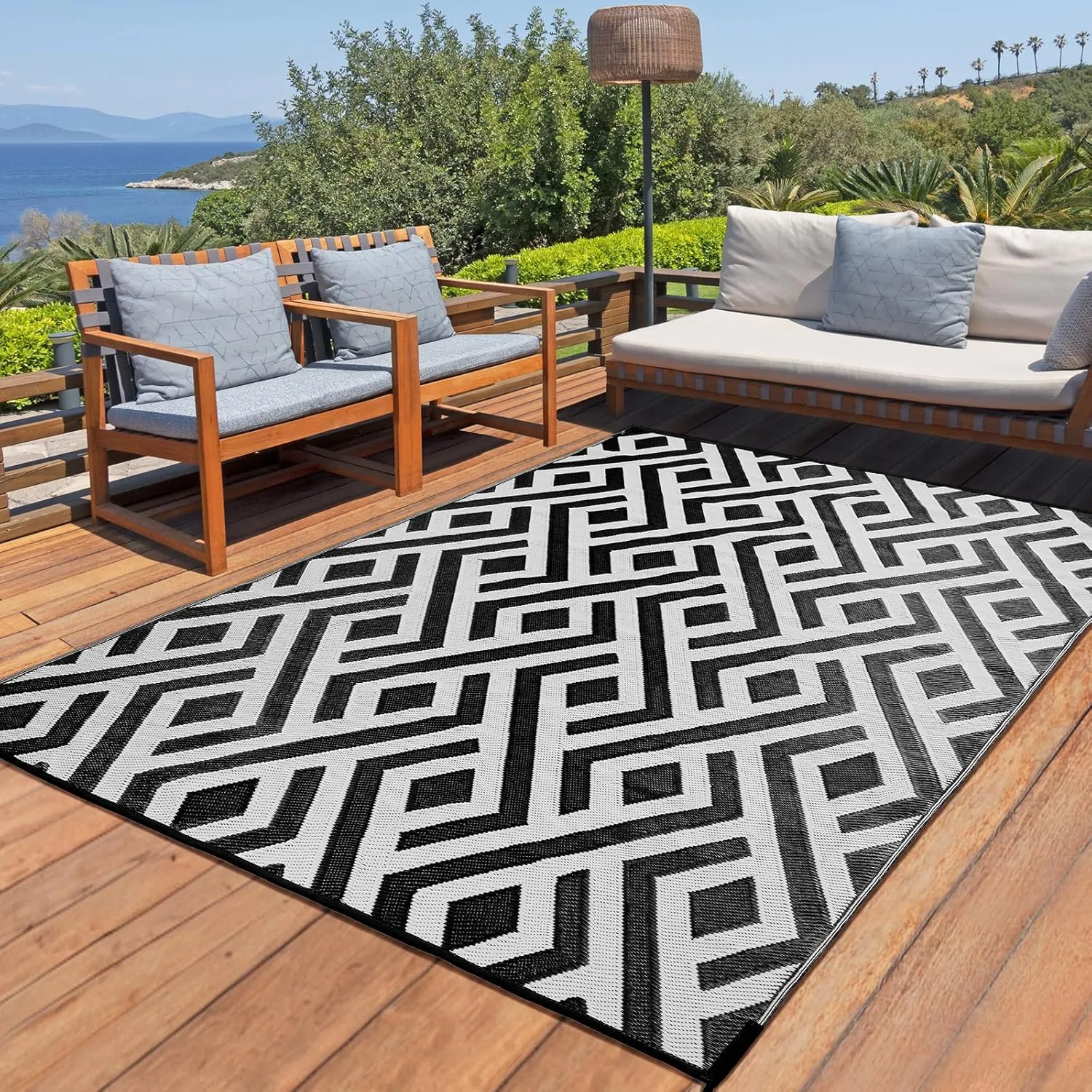Terrug Outdoor Rug Waterproof 9x12 Ft, Foldable Outdoor Plastic Straw Rug, UV Reversible Patio Rug Decor, Outdoor Area Rug for Camping, RV, Porch, Deck, Backyard, Balcony, Picnic, Black & Light Grey