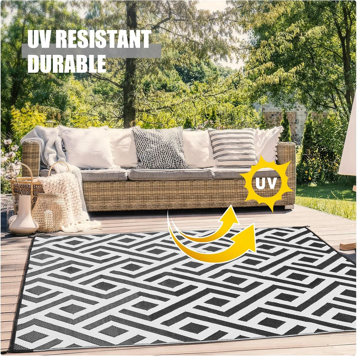 Terrug Outdoor Rug Waterproof 9x12 Ft, Foldable Outdoor Plastic Straw Rug, UV Reversible Patio Rug Decor, Outdoor Area Rug for Camping, RV, Porch, Deck, Backyard, Balcony, Picnic, Black & Light Grey