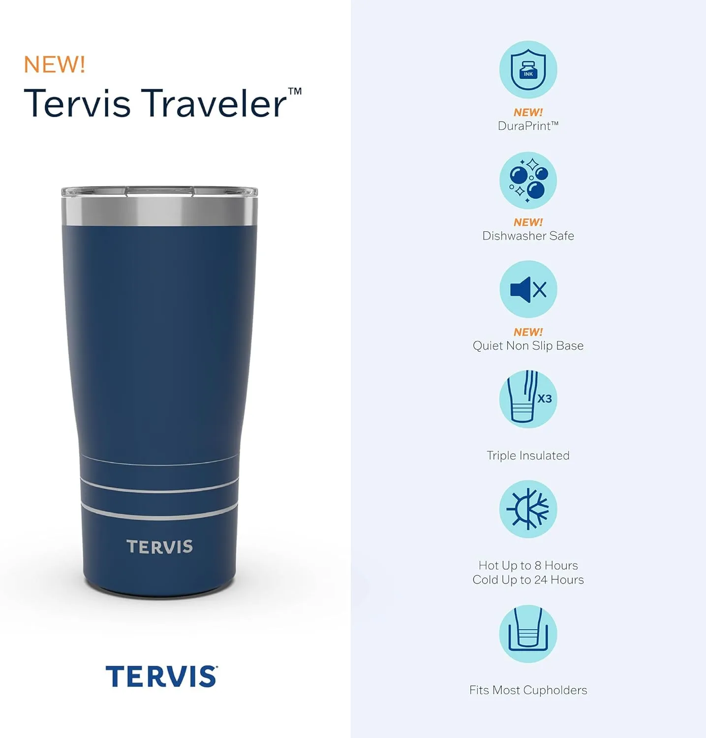 Tervis Traveler Powder Coated Stainless Steel Triple Walled Insulated Tumbler Travel Cup Keeps Drinks Cold & Hot, 20oz, Deepwater Blue