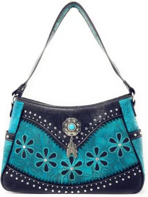 Texas West Western Tooled Leather Laser Cut Concealed Carry Feather Country Shoulder Handbag in 4 colors