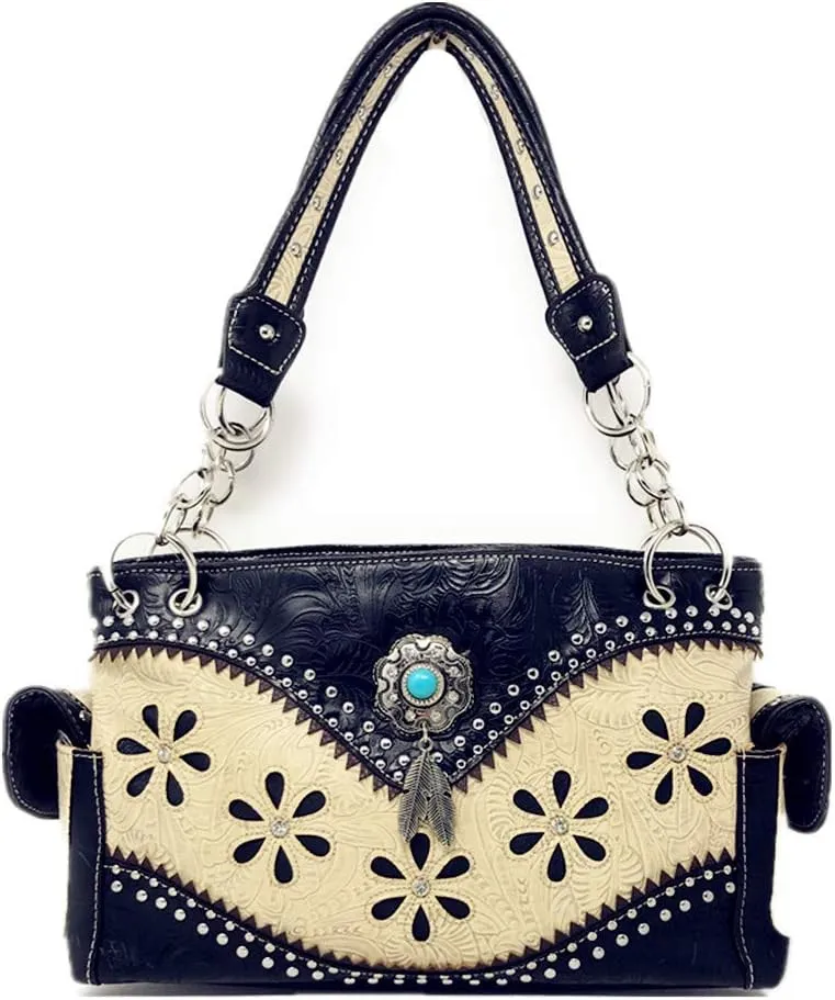 Texas West Western Tooled Leather Laser Cut Concealed Carry Feather Country Shoulder Handbag Wallet in 4 colors