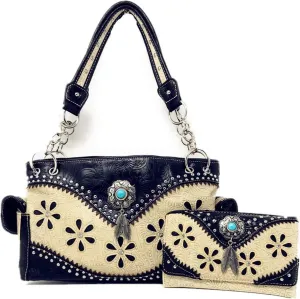 Texas West Western Tooled Leather Laser Cut Concealed Carry Feather Country Shoulder Handbag Wallet in 4 colors