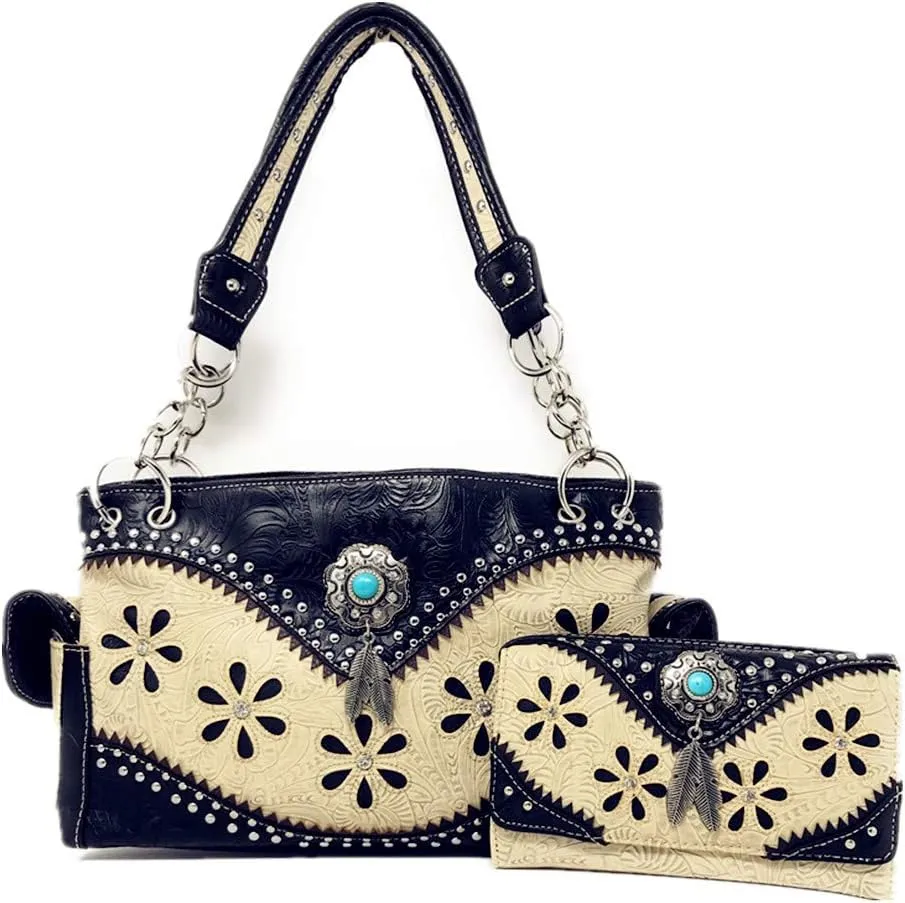Texas West Western Tooled Leather Laser Cut Concealed Carry Feather Country Shoulder Handbag Wallet in 4 colors