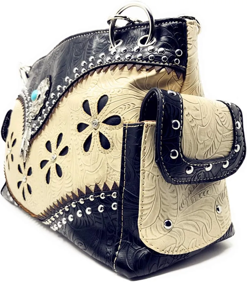 Texas West Western Tooled Leather Laser Cut Concealed Carry Feather Country Shoulder Handbag Wallet in 4 colors