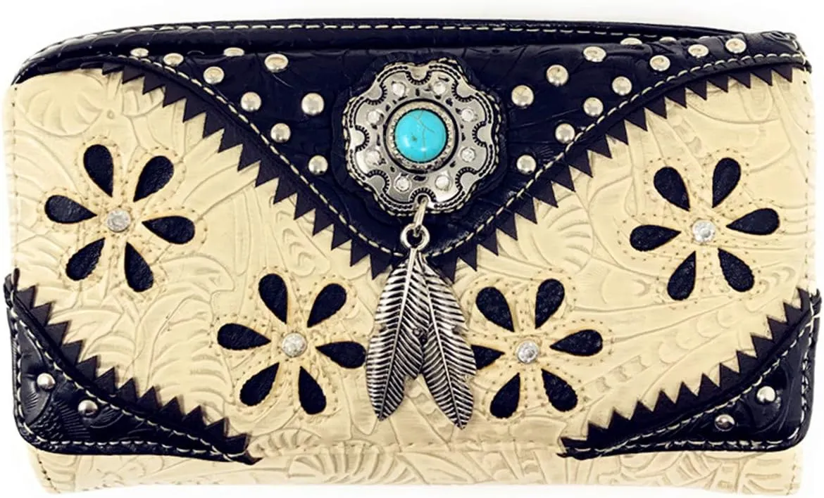Texas West Western Tooled Leather Laser Cut Concealed Carry Feather Country Shoulder Handbag Wallet in 4 colors