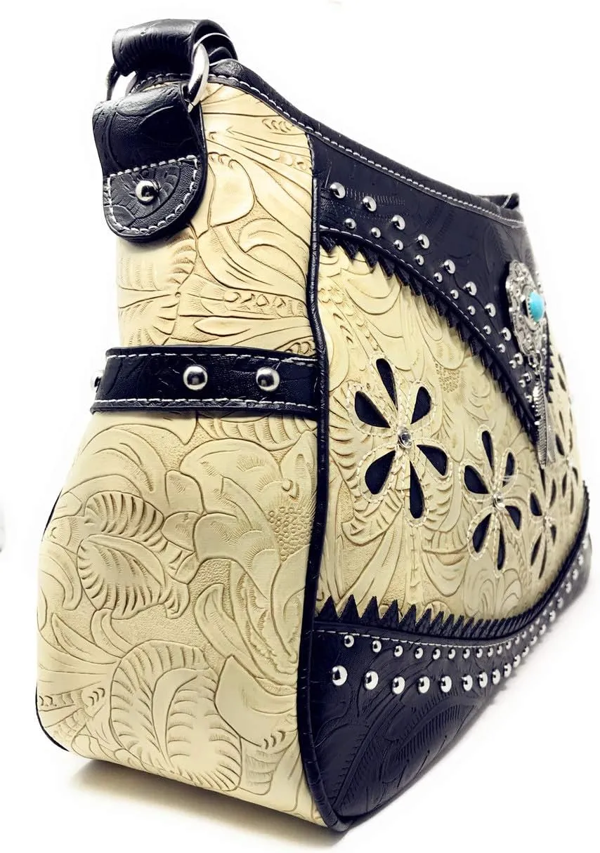 Texas West Western Tooled Leather Laser Cut Concealed Carry Feather Country Shoulder Handbag Wallet in 4 colors