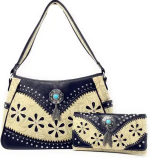 Texas West Western Tooled Leather Laser Cut Concealed Carry Feather Country Shoulder Handbag Wallet in 4 colors
