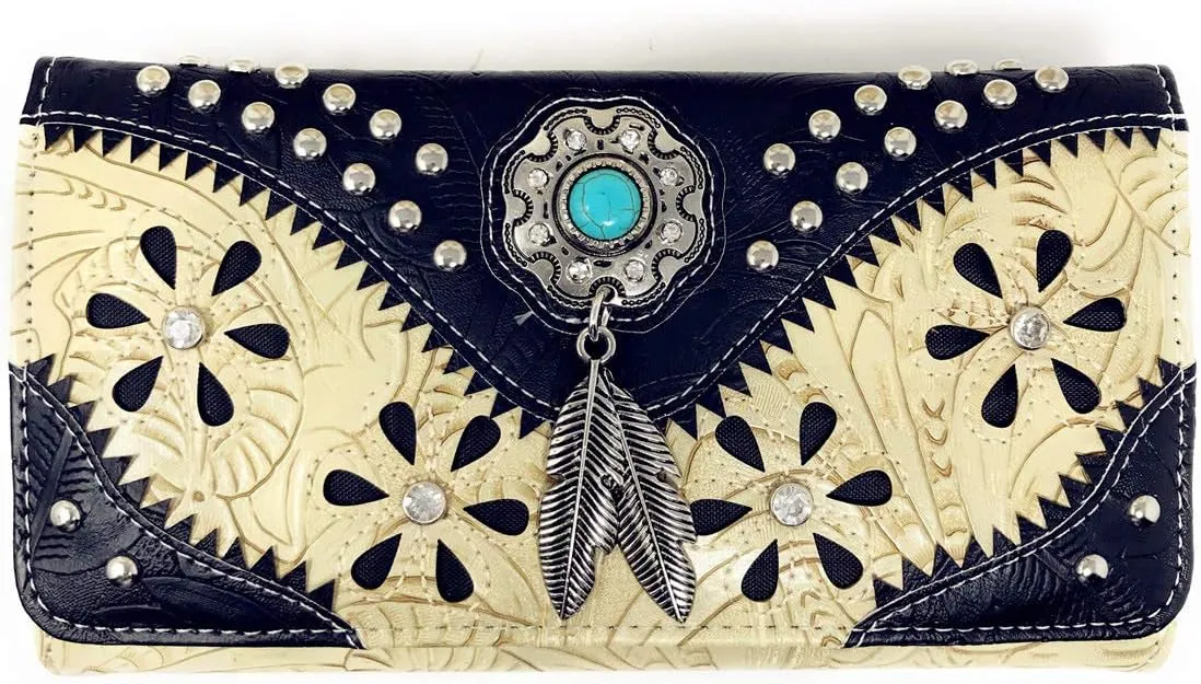 Texas West Western Tooled Leather Laser Cut Concealed Carry Feather Country Shoulder Handbag Wallet in 4 colors