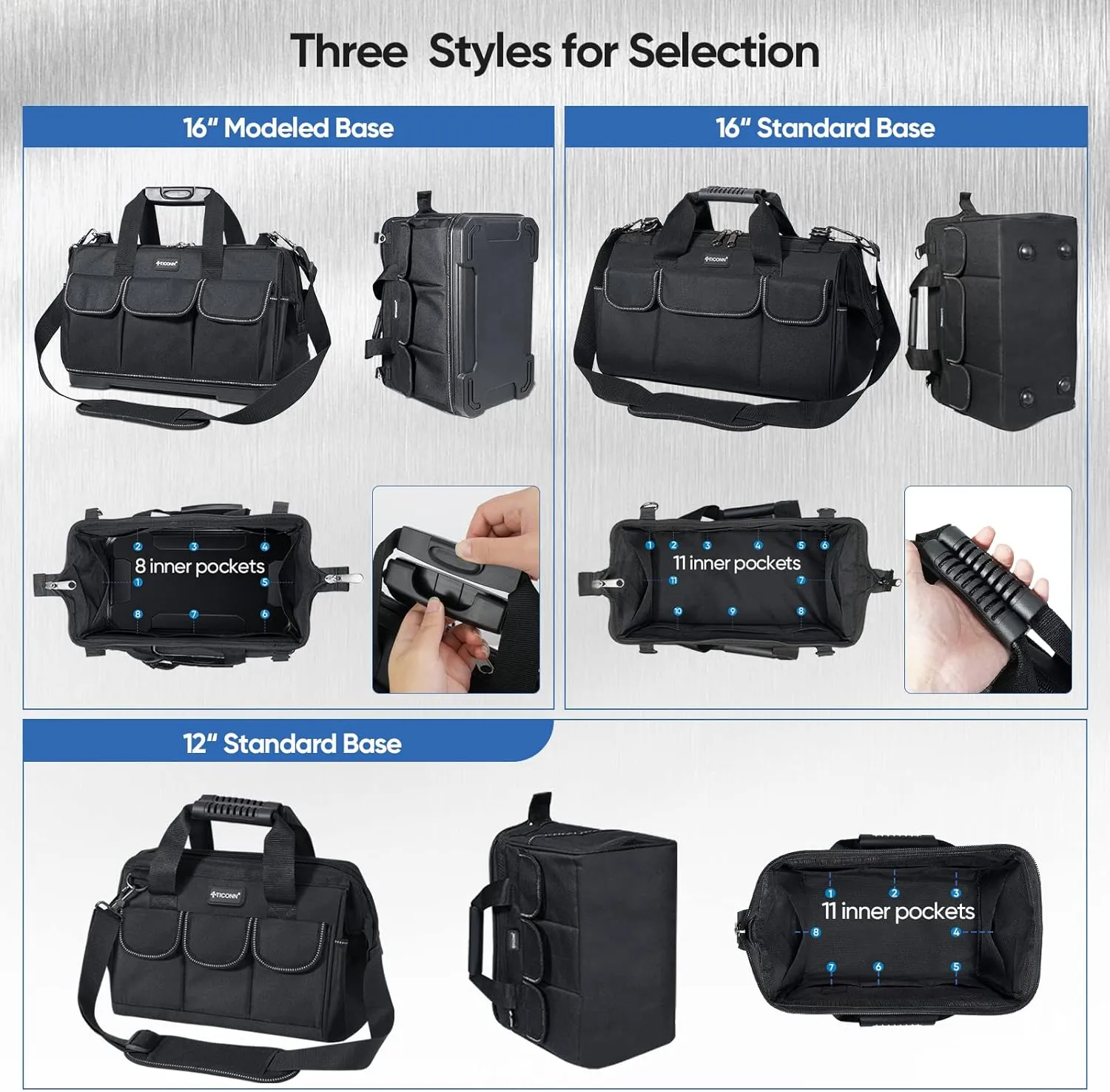 TICONN Heavy Duty Tool Bag with Multi-Pockets, Portable Tool Box Organizer Storage Bag, with Adjustable Shoulder Strap and Ergonomic Handle (Black, 16" Standard Base)