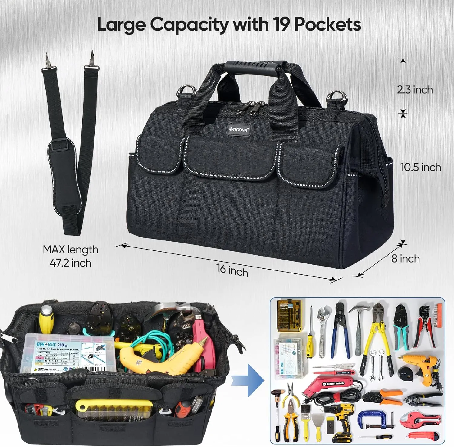 TICONN Heavy Duty Tool Bag with Multi-Pockets, Portable Tool Box Organizer Storage Bag, with Adjustable Shoulder Strap and Ergonomic Handle (Black, 16" Standard Base)