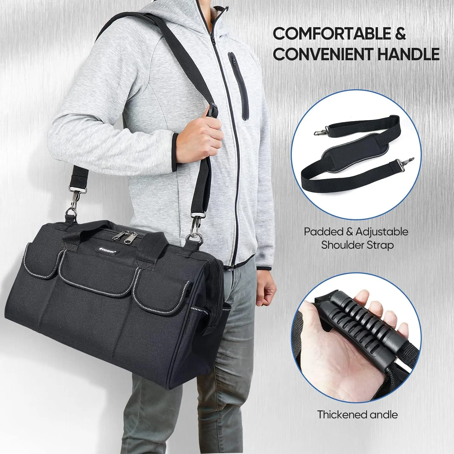 TICONN Heavy Duty Tool Bag with Multi-Pockets, Portable Tool Box Organizer Storage Bag, with Adjustable Shoulder Strap and Ergonomic Handle (Black, 16" Standard Base)