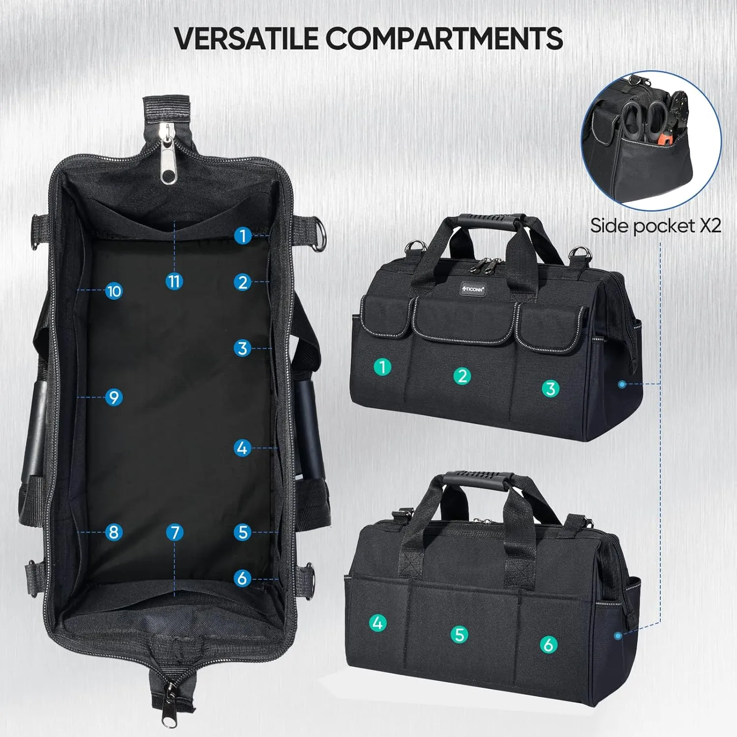 TICONN Heavy Duty Tool Bag with Multi-Pockets, Portable Tool Box Organizer Storage Bag, with Adjustable Shoulder Strap and Ergonomic Handle (Black, 16" Standard Base)