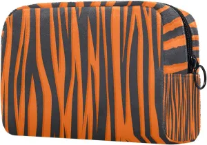 Tiger Stripe Background Orange Black Small Makeup Bags for Women Teen Girls, Makeup Storage Bag with Zipper Accessories Organizer Bag for Travelling