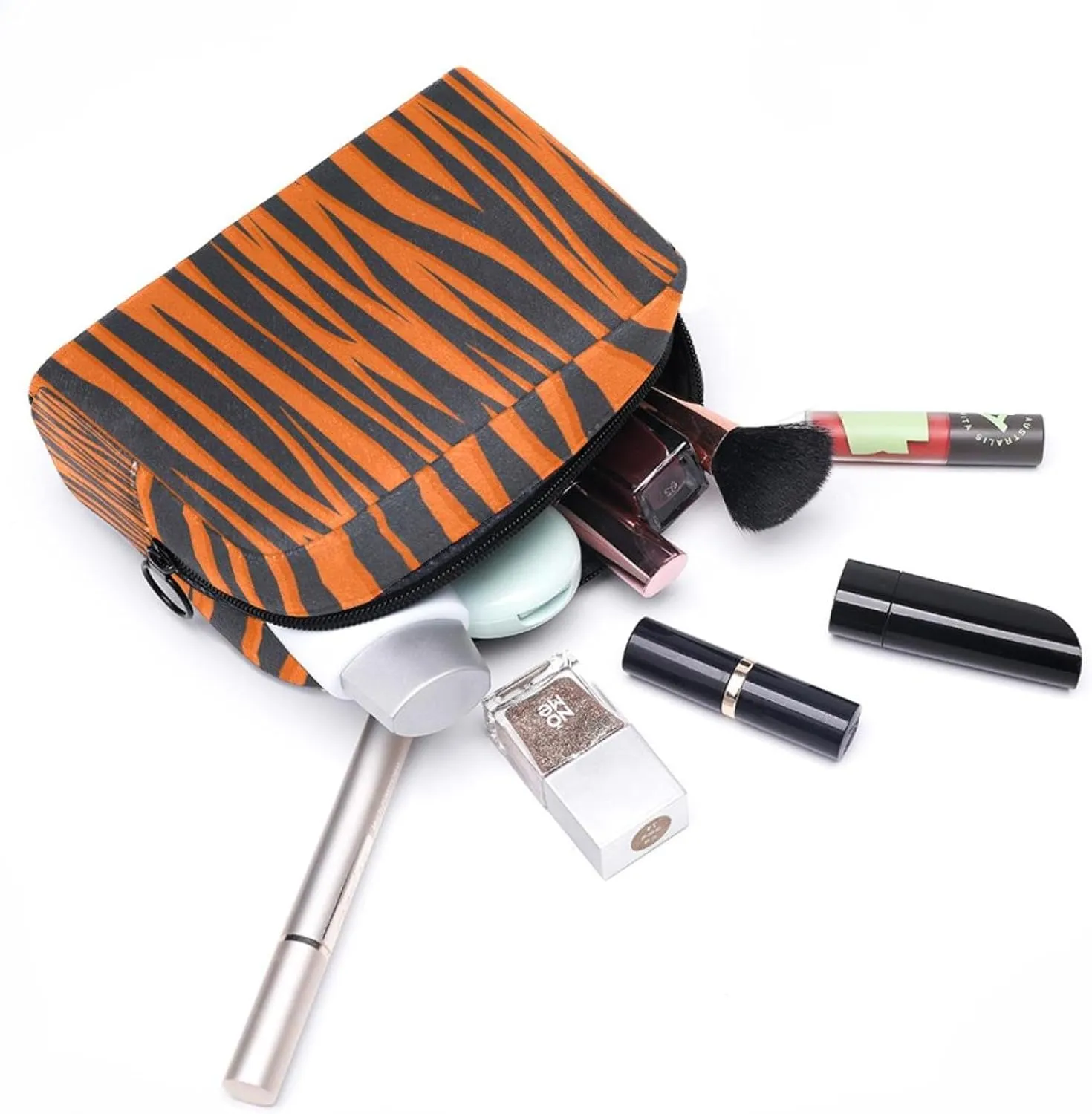 Tiger Stripe Background Orange Black Small Makeup Bags for Women Teen Girls, Makeup Storage Bag with Zipper Accessories Organizer Bag for Travelling