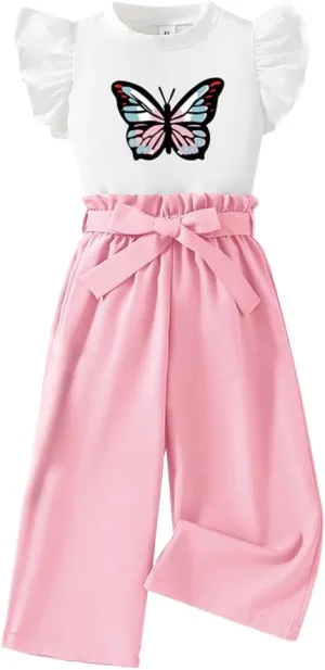 Toddler Girl Clothes - Butterfly Graphic Flounce Short Sleeve & Paper Bag Waist Belted Pants - Kid T-Shirt Set