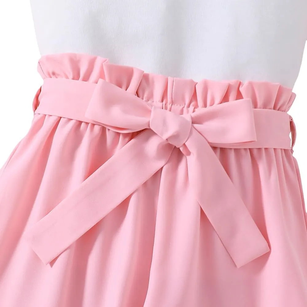 Toddler Girl Clothes - Butterfly Graphic Flounce Short Sleeve & Paper Bag Waist Belted Pants - Kid T-Shirt Set