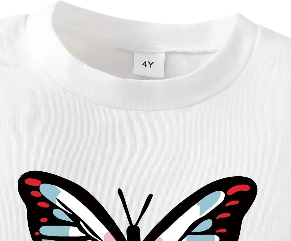 Toddler Girl Clothes - Butterfly Graphic Flounce Short Sleeve & Paper Bag Waist Belted Pants - Kid T-Shirt Set
