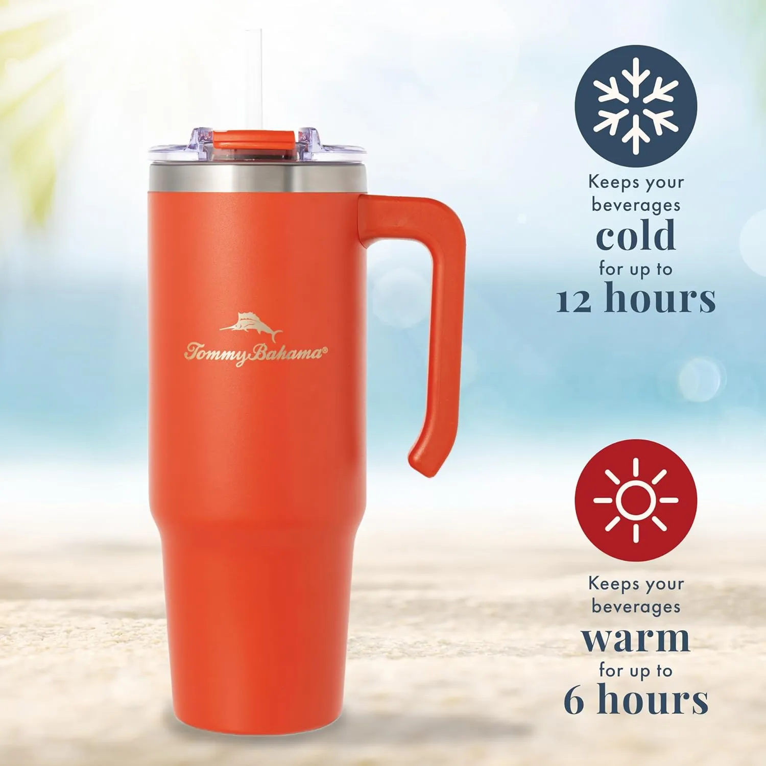 Tommy Bahama Vacuum Insulated Water Bottle with Straw - Double-Wall Stainless Steel, BPA Free, Keep Drinks Warm for 6 Hours or Cold for 12 Hours - Sunset Orange, 30oz