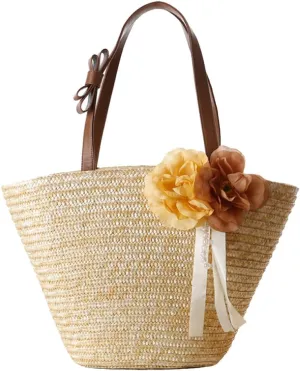 TONWHAR® Woven Straw Shoulder Bag Flower Straw Beach Tote Handbag